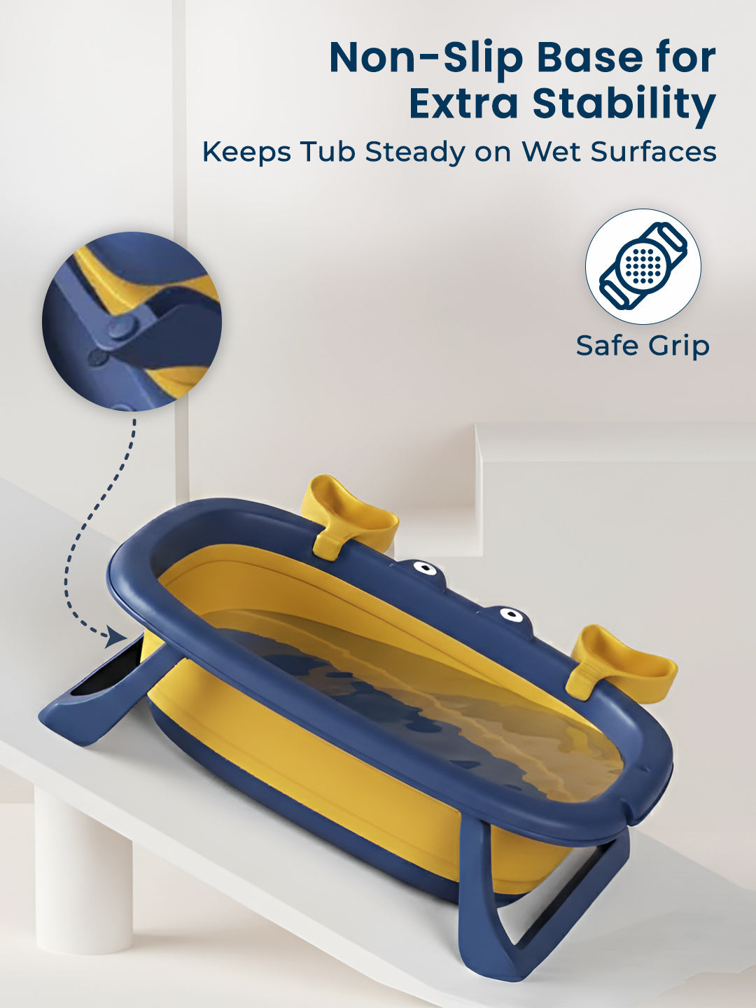 Yellow and blue bathtub with non-slip base feature on a white background