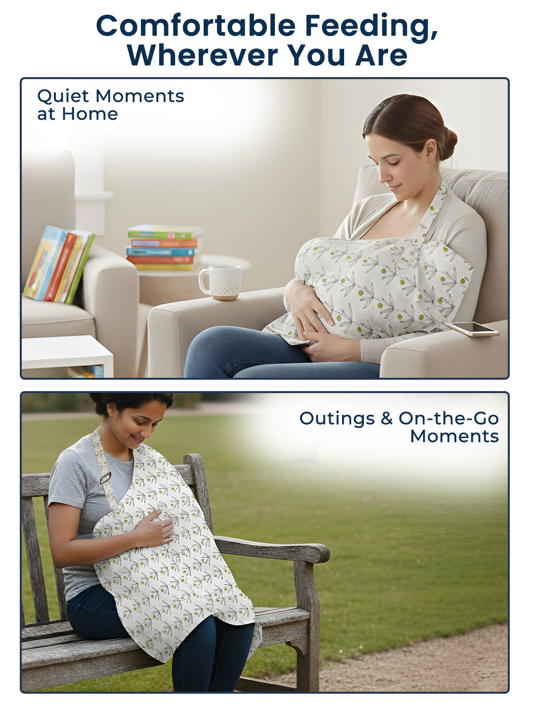 Woman using a baby carrier in a home setting and outdoors.