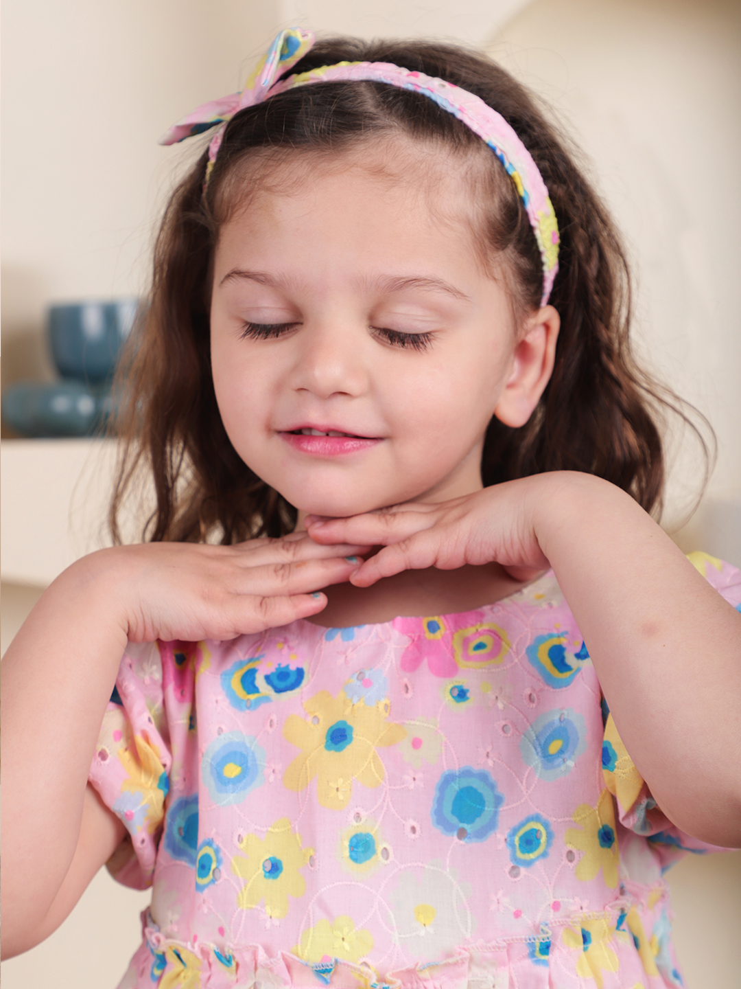 Polka Tots Half sleeve Floral print Frock with Headband - Pink