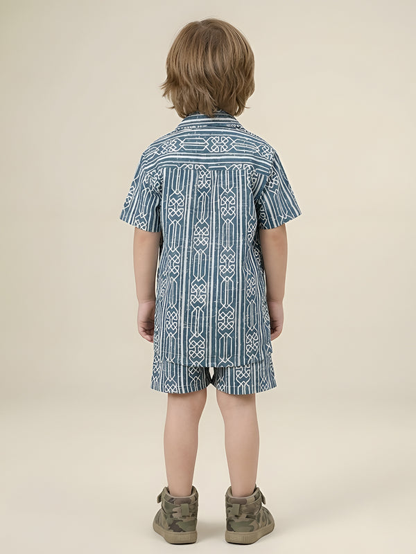 Polka Tots Cotton Half Sleeves Geometric print Co-ords - Sea blue