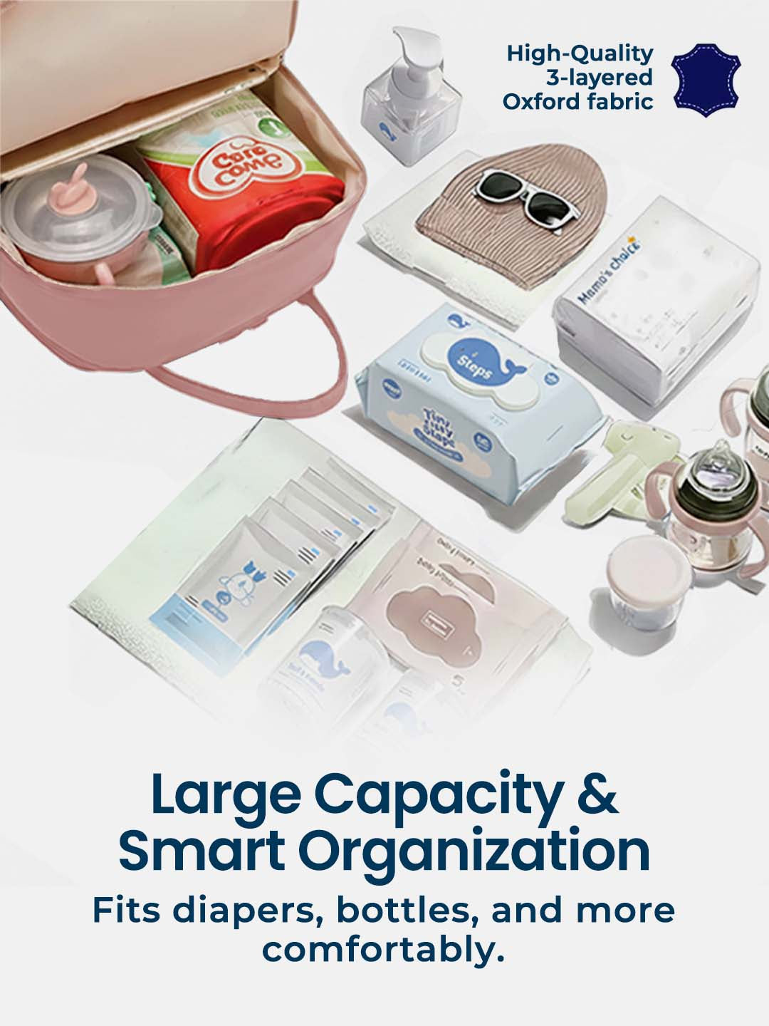 Baby care bag with diapers, bottles, and other items on a white background