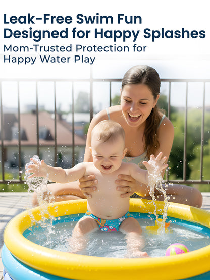 Woman and child playing in a small inflatable pool with text about leak-free swim fun and happy water play.