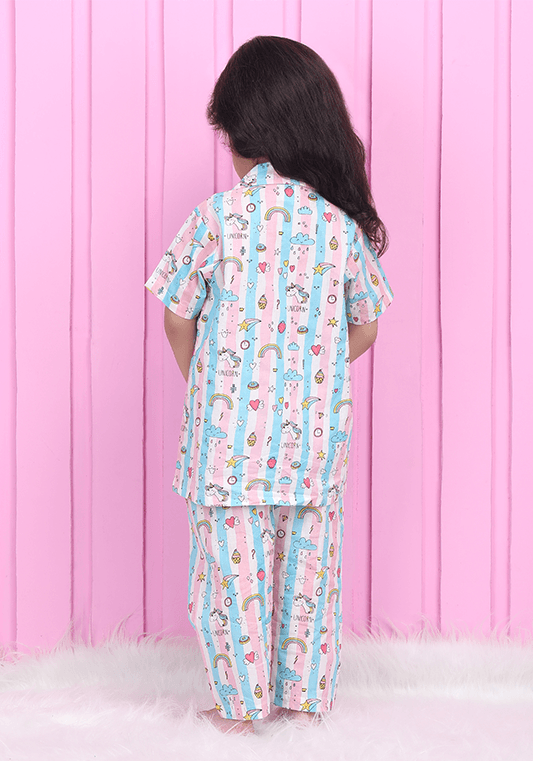 Polka Tots Half Sleeve Unicorn Stripes Print Night Suit - Multicolor