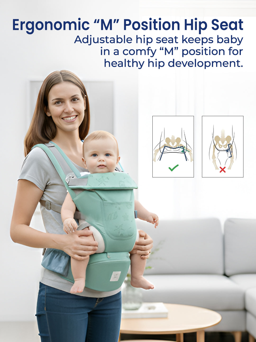 Woman holding a baby in an ergonomic hip seat carrier with text about its benefits.