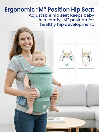 Woman holding a baby in an ergonomic hip seat carrier with text about its benefits.