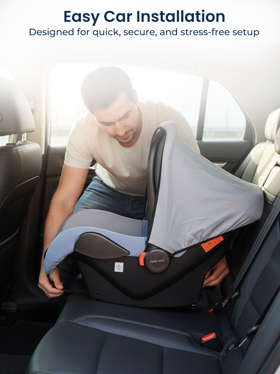 Man installing a car seat in a vehicle with text about easy installation.