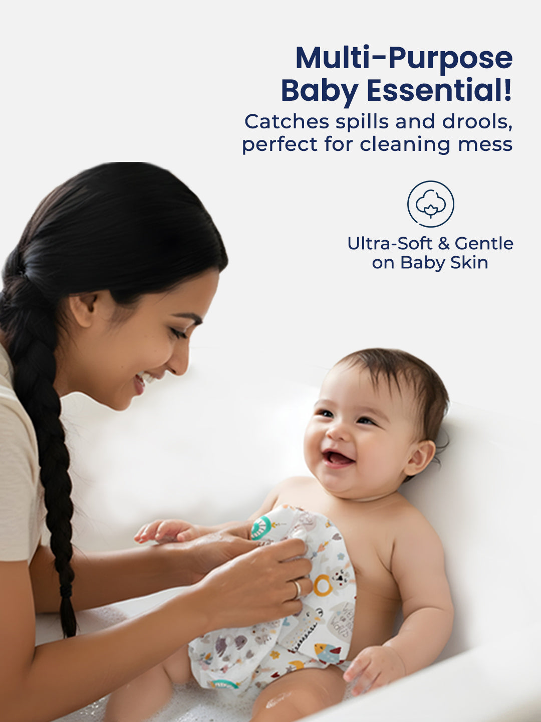 Woman and baby with a diaper, emphasizing its use and softness on skin.