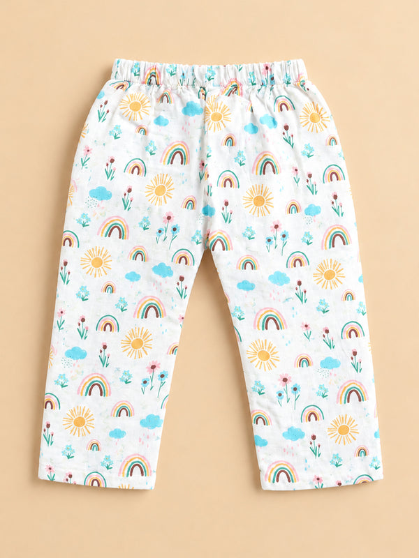 MulMul Sparsh Full Sleeve Rainbow Print Muslin Jabla & Pant Set – White