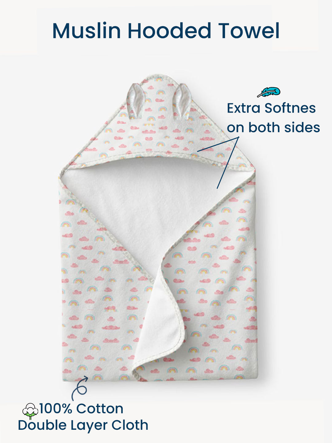 Polka Tots 100% Soft Muslin Cotton 2-Layer Hooded Baby Towel with Ear Appliqué - Rainbow Mist Print