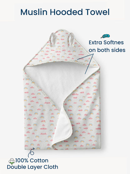 Polka Tots 100% Soft Muslin Cotton 2-Layer Hooded Baby Towel with Ear Appliqué - Rainbow Mist Print