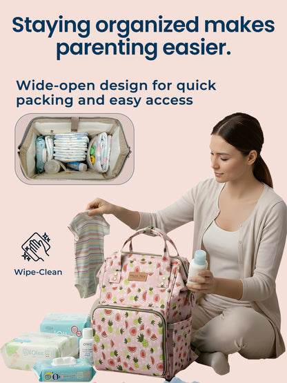 Woman organizing items in a diaper bag with text about organization benefits on a light pink background
