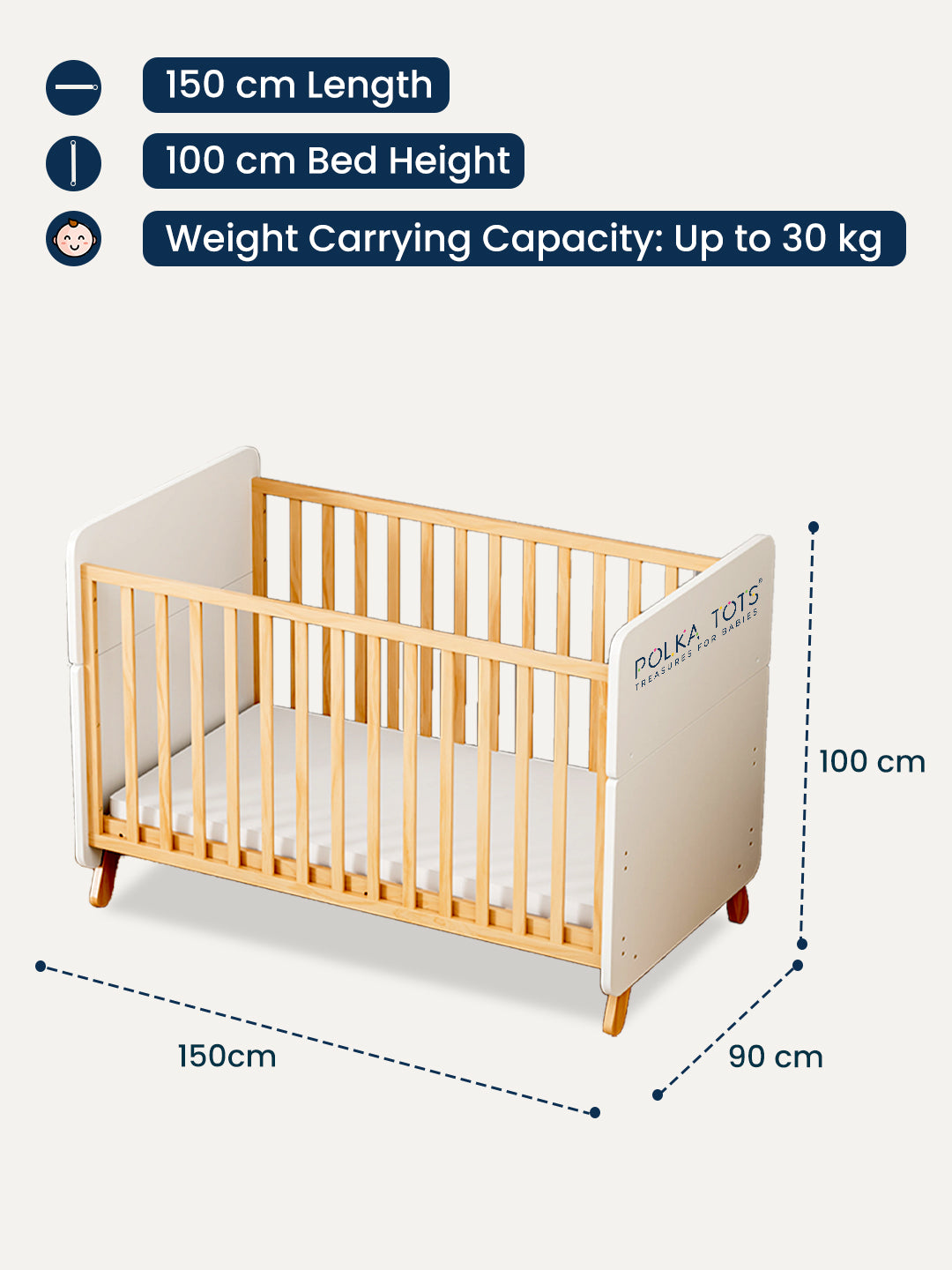 Wooden crib with dimensions and weight capacity displayed on a white background