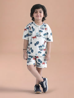 Polka Tots Half Sleeves Tropical Tiger Print T-Shirt Shorts - White