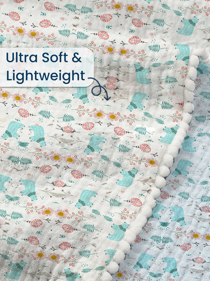 Polka Tots 100% Soft Muslin Cotton 3-Layer Reversible Baby Blanket/Dohar with Pom-Pom Lace - Mini Hearts & Bloomy Bear Print