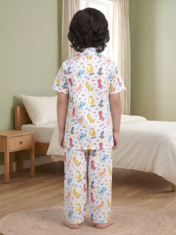 Polka Tots Half Sleeve Dinosaur print Night Suit - Multicolor