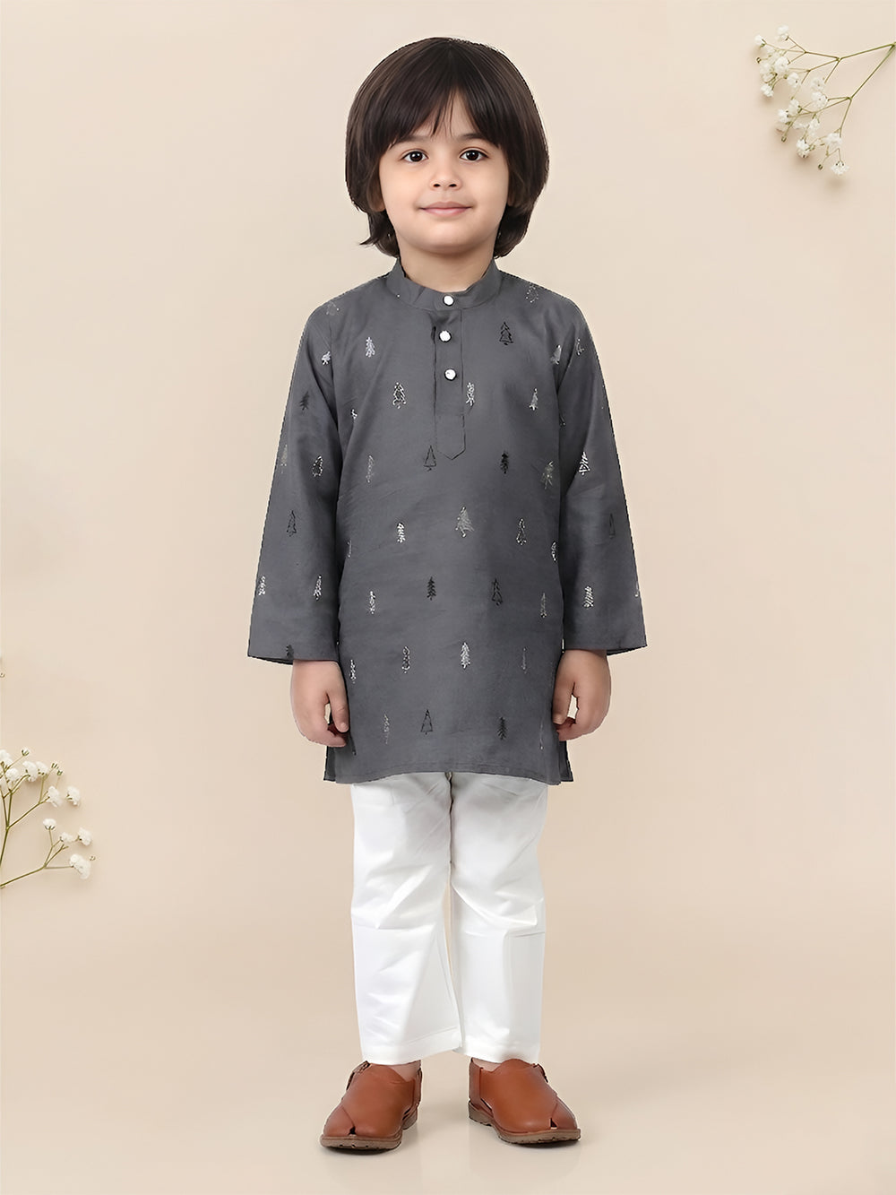 Polka Tots Full Sleeve Christmas tree Print Ethnic Kurta Pyjama Set - Grey