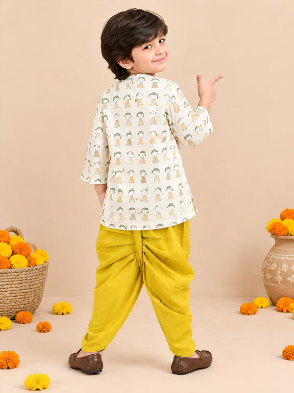 Polka Tots Cotton Full Sleeve Cartoon Print Angrakha Top With Dhoti - Yellow