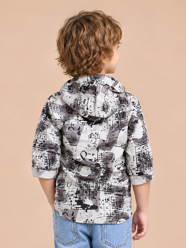 Polka Tots Full Sleeves Abstract Scribble Print Hooded Kids Shirt with Smiley Patch - Cream