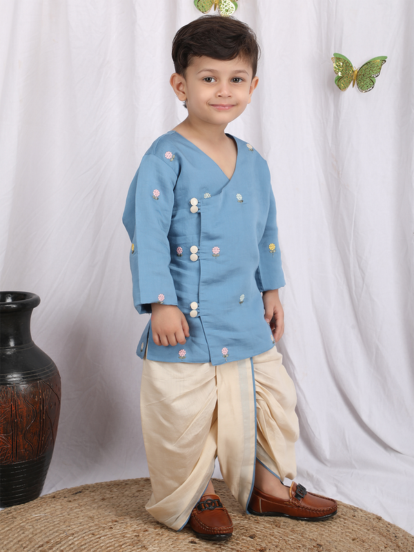 Polka Tots Full sleeve Flower Embroidery Angrakha With Dhoti Set - Blue
