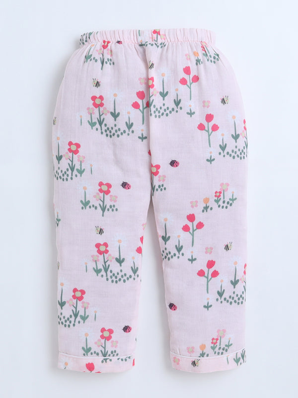 Polka Tots Half Sleeve Muslin Floral print Night Suit- Pink