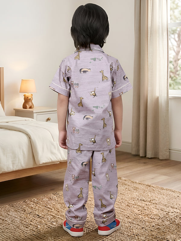 Polka Tots Half sleeves Jungle print Night Suit - Purple