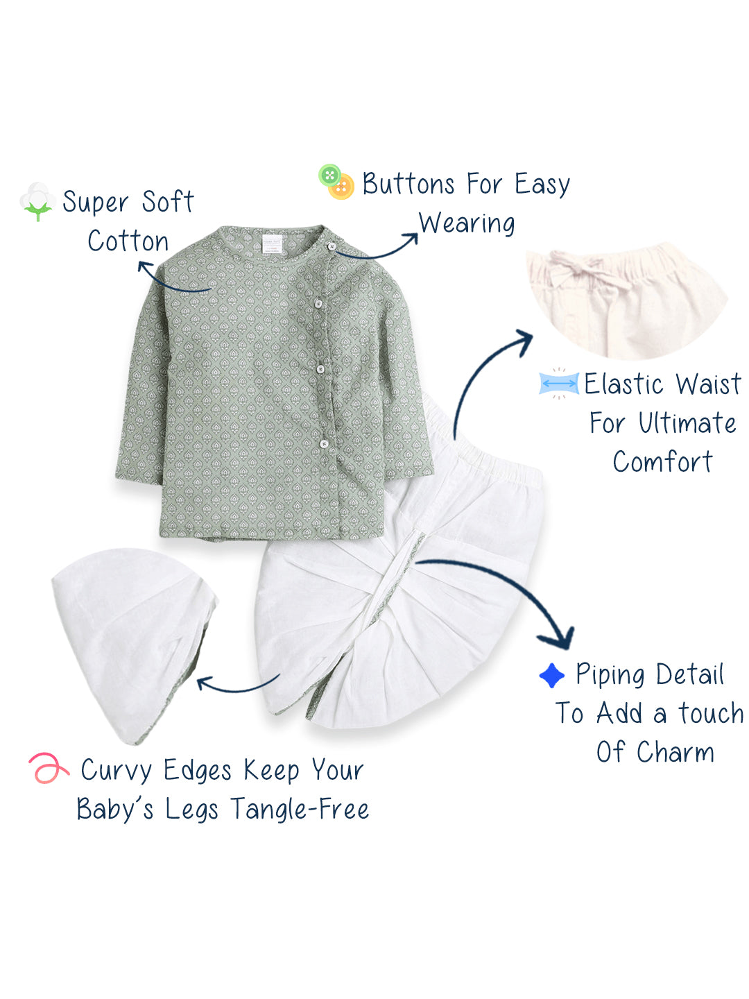 Polka Tots Dhoti Kurta Set for Boys 100% Super Soft Cotton Traditional Ethnic Wear For Kids - Green