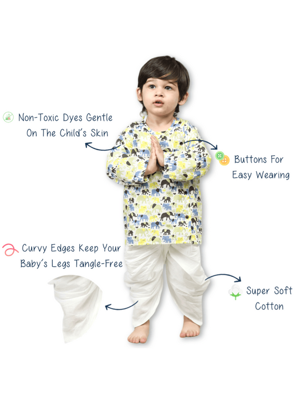 Polka Tots Dhoti Kurta Set for Boys 100% Super Soft Cotton Traditional Ethnic Wear For Kids Elephant White