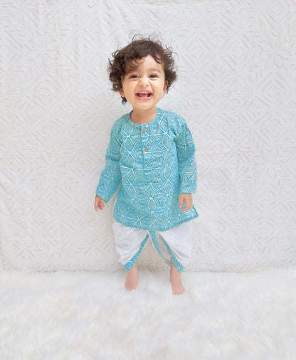 Polka Tots 100% Super Soft Cotton Geometric Print Full Sleeve Kurta With Dhoti Set - Sky Blue