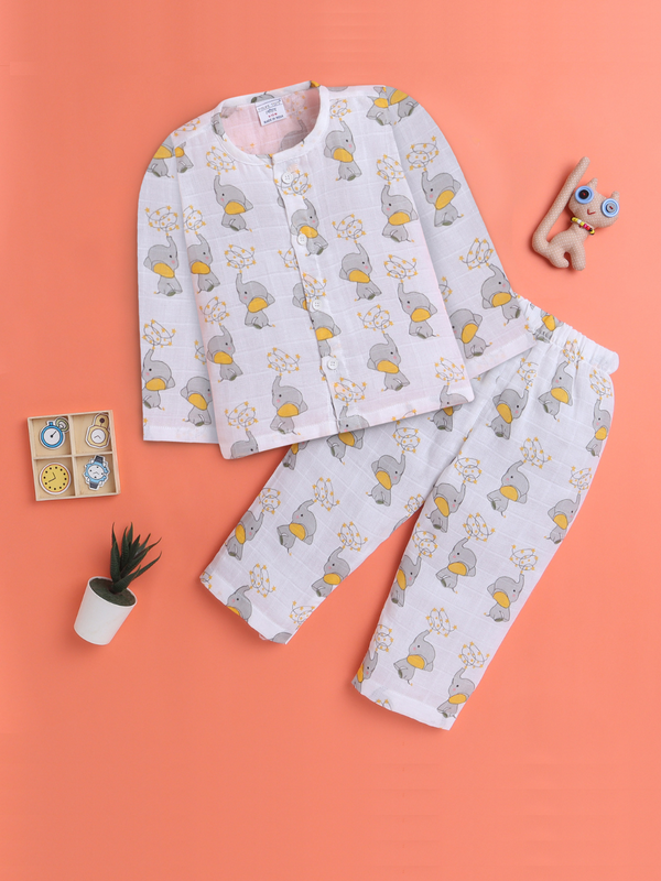 Polka Tots Soft Muslin Cotton Full sleeves Jumbo jr. Jhabla and Pant Set - White