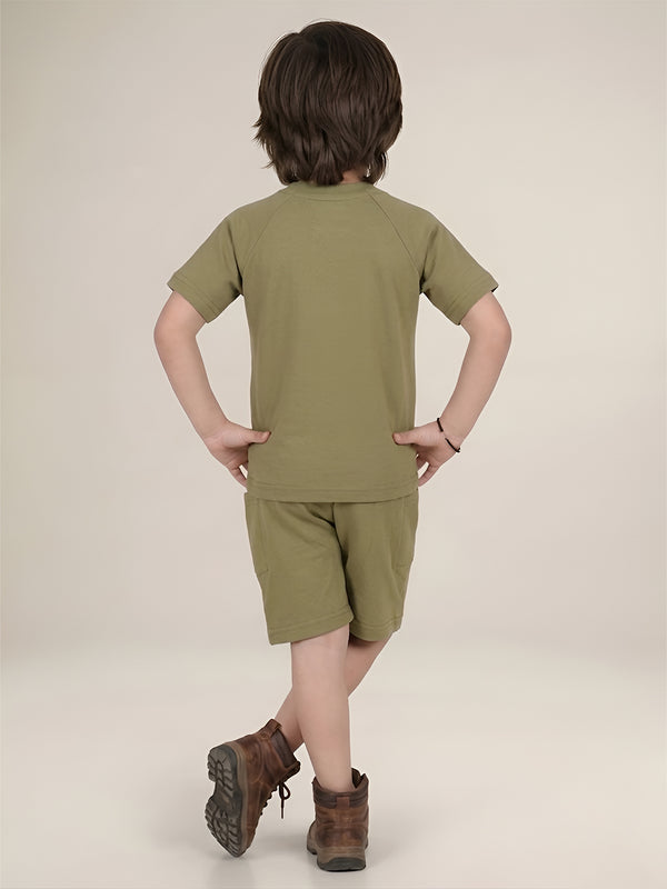 Polka Tots Half Sleeves Solid T-Shirt Shorts - Green
