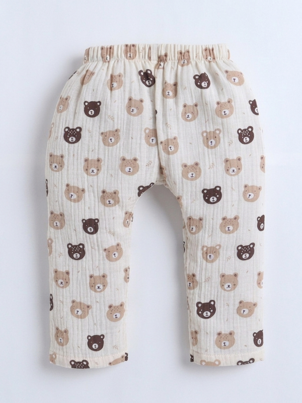 Polka Tots Wrinkled Muslin Cotton Teddy Print Kediya Jhabla & Pant Set - Off White