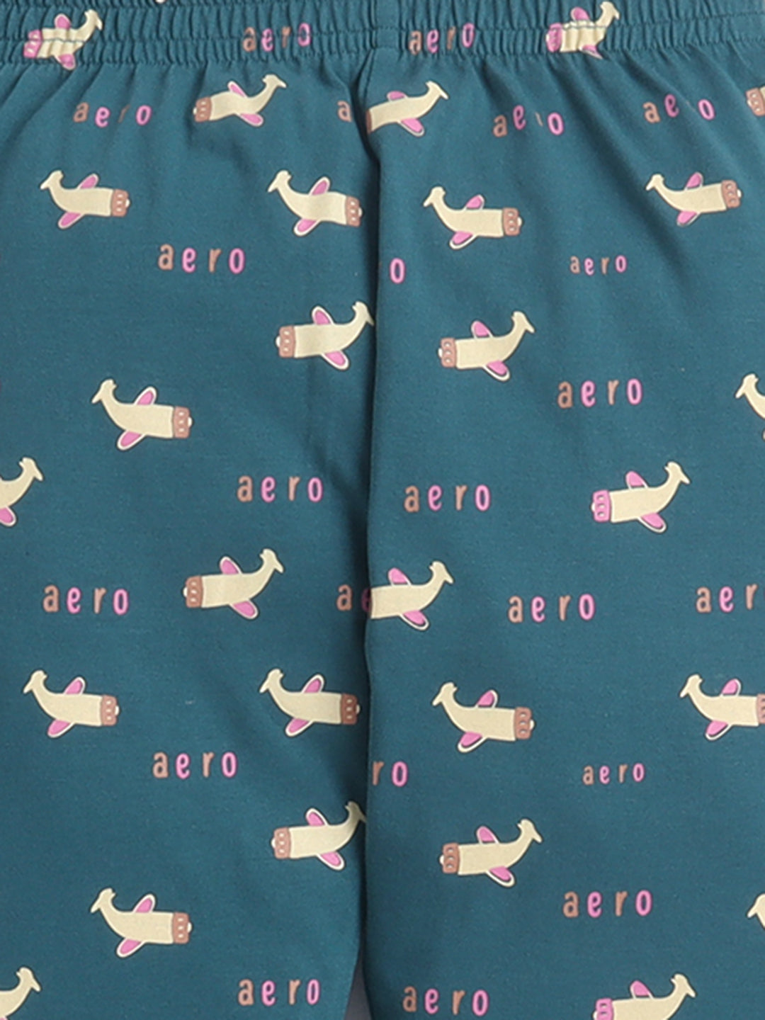 Teal fabric with airplane pattern and 'aero' text on a blue background