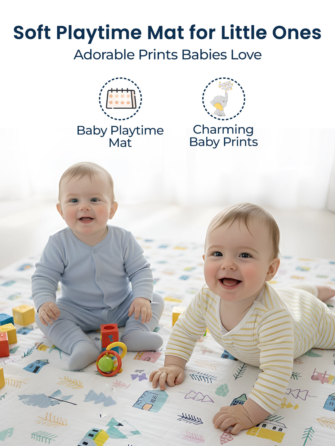 Two babies playing on a soft playtime mat with adorable prints.