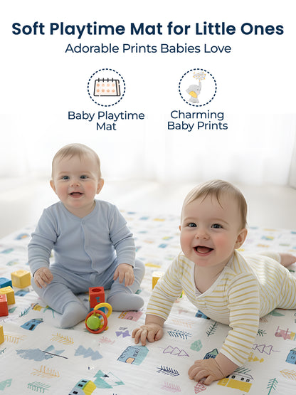 Two babies playing on a soft playtime mat with adorable prints.