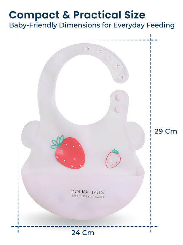 Polka Tots Waterproof Silicone Bibs with Pocket and Adjustable Snaps (Strawberry)