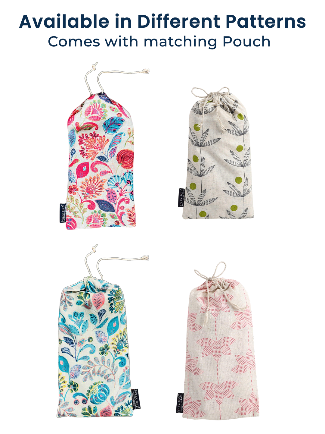Four fabric bags with different patterns and designs, including floral and butterfly designs, on a white background.