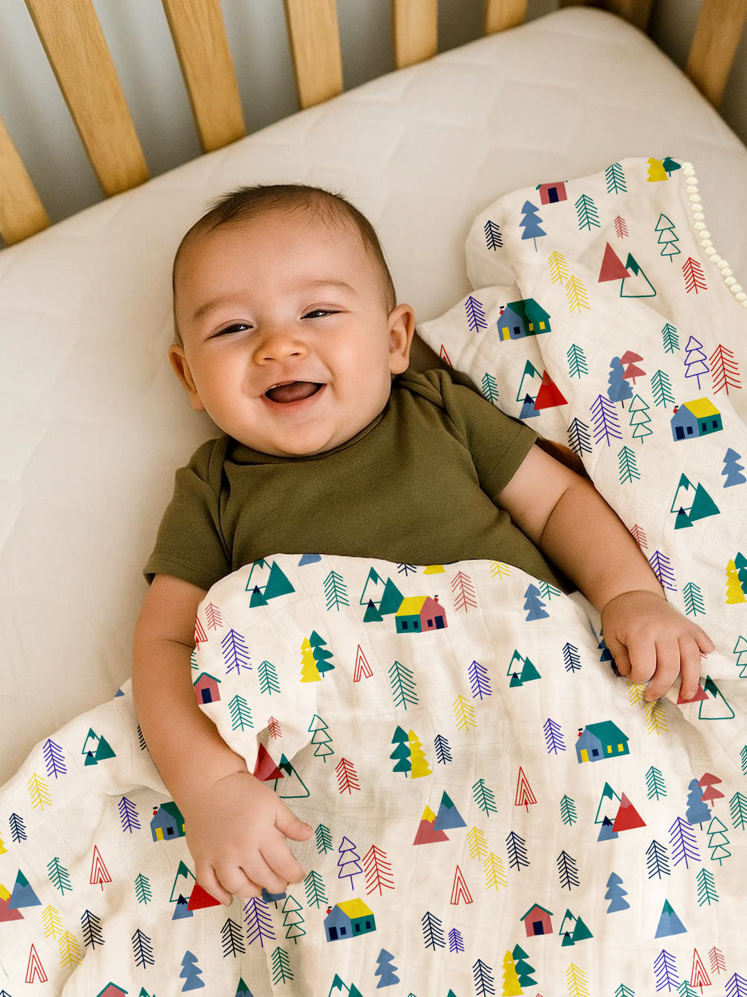 Polka Tots 100% Soft Muslin Cotton 3-Layer Reversible Baby Blanket/Dohar with Pom-Pom Lace - Tiny Town and Cupid Print