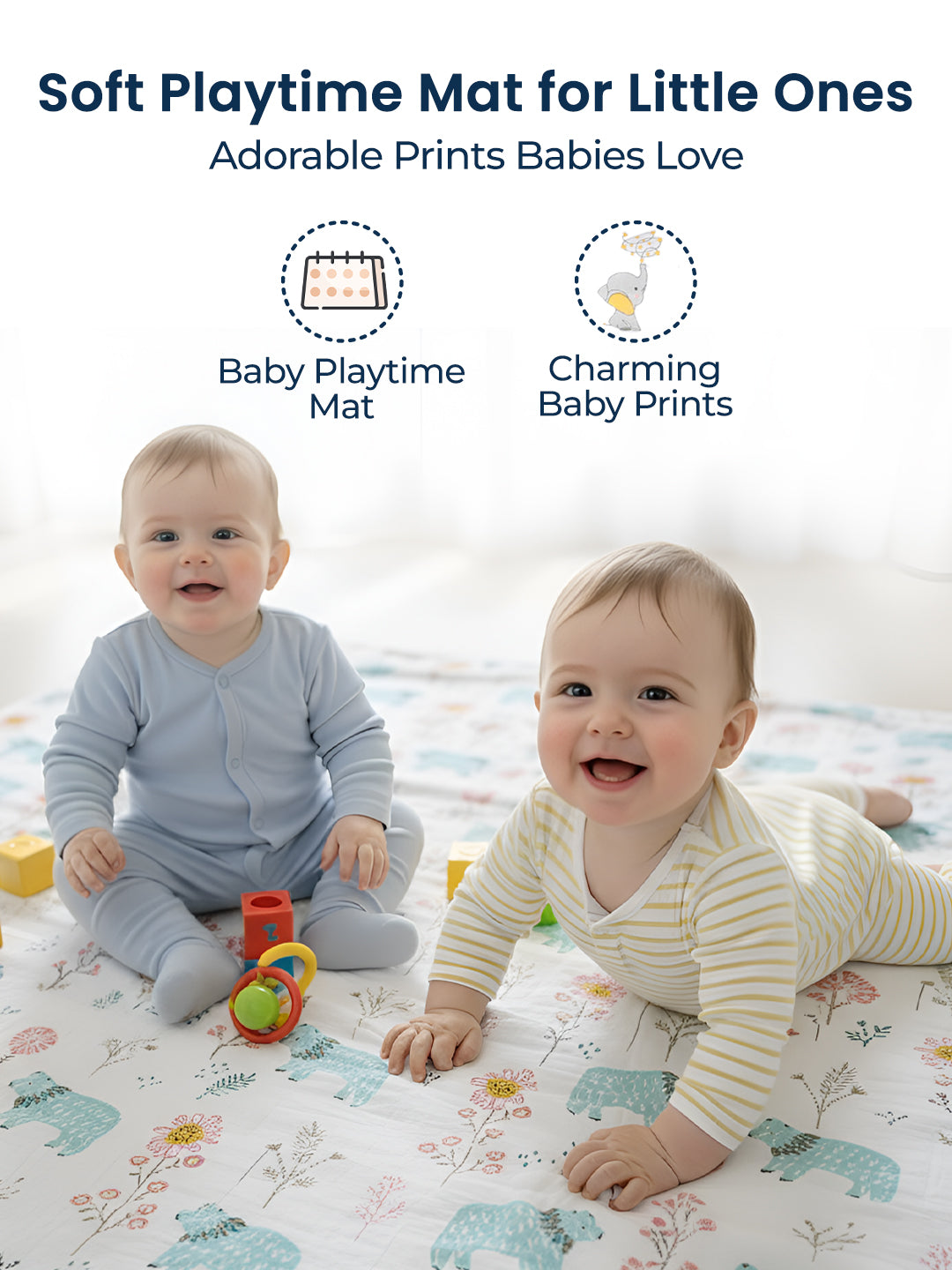 Two babies on a soft playtime mat with adorable prints, sitting and crawling on a white background.