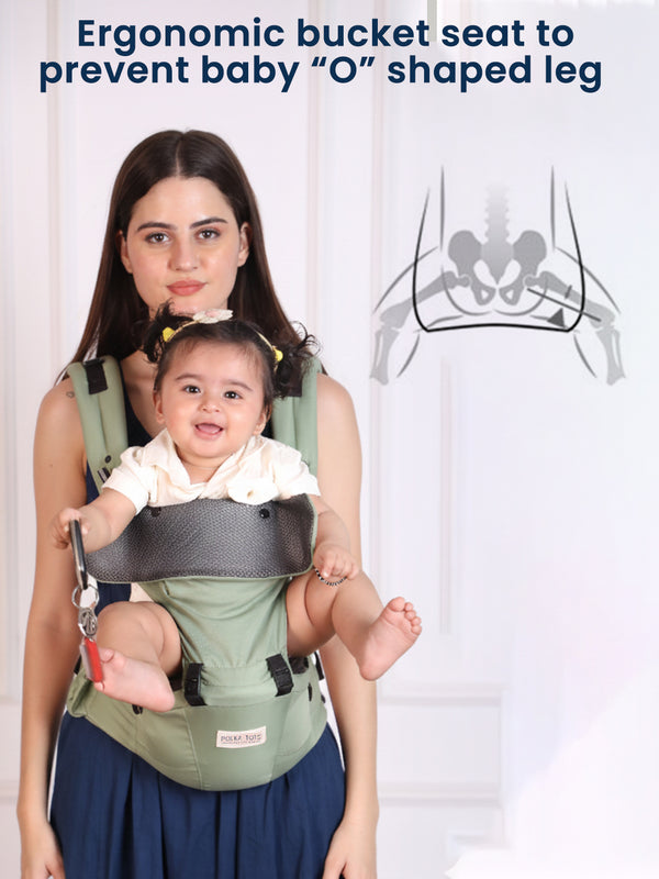 Polka Tots 6-in-1 Hip Seat Baby Carrier with Airbag, Extra Cushioning for C-Section Moms, Waist Belt up to 47 Inches with Lumbar Support (Green)