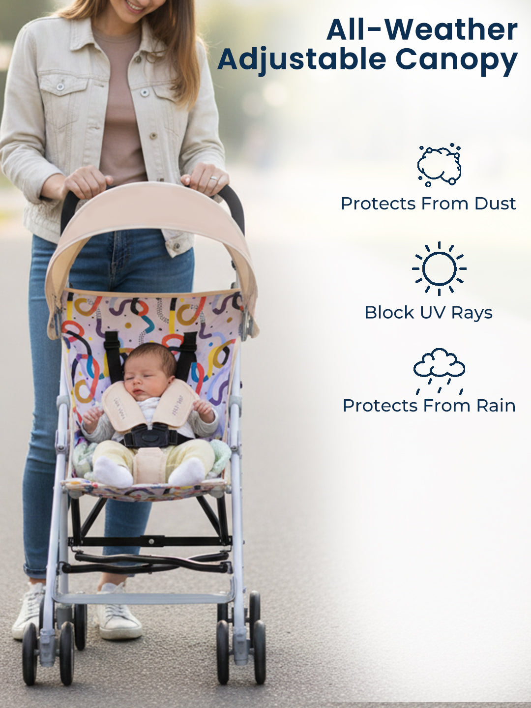 Woman pushing a baby in a stroller with an adjustable canopy, featuring text on benefits.