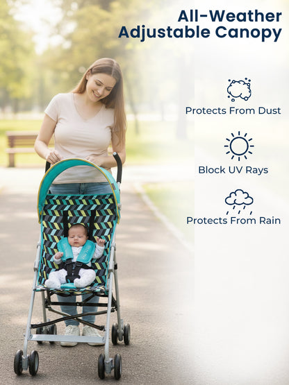 Woman pushing a stroller with an adjustable canopy in a park, featuring text about the canopy's features.