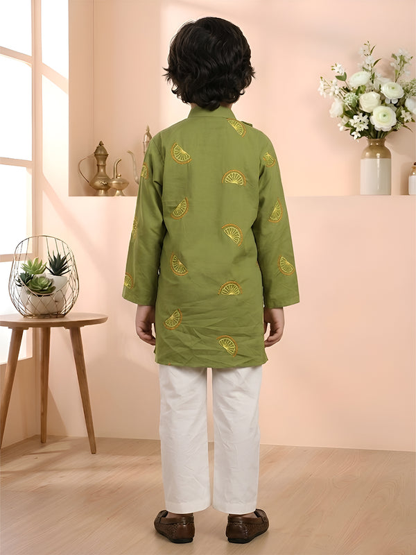 Polka Tots Full Sleeve Citrus Embroidered Ethnic Kurta Pyjama Set - Green