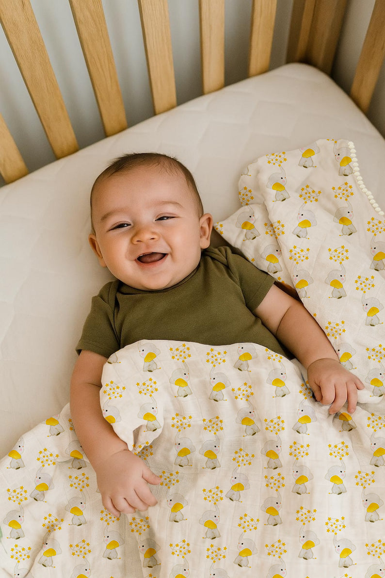 Polka Tots 100% Soft Muslin Cotton 3-Layer Reversible Baby Blanket/Dohar with Pom-Pom Lace - Jumbo Jr. & Hello Baby Print