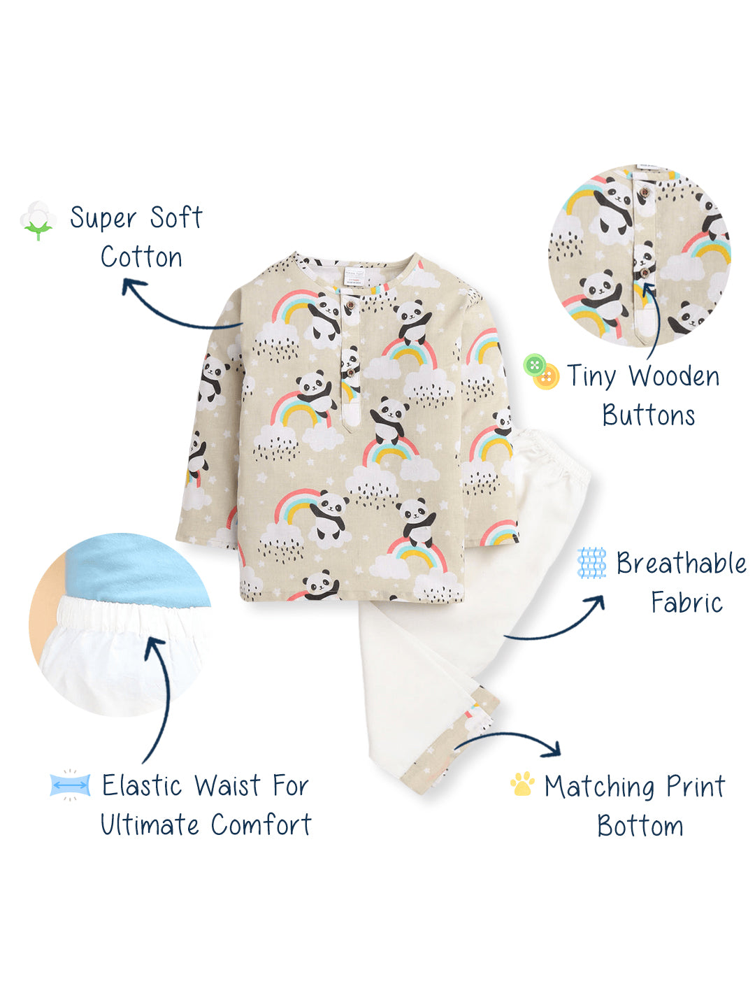 Polka Tots Panda Rainbow Print Full sleeves Nightwear Kurta pyjama set - Cream