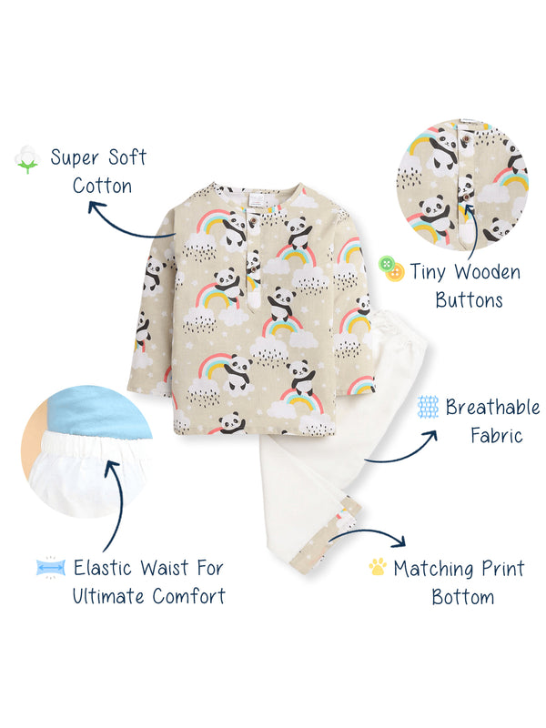 Polka Tots Panda Rainbow Print Full sleeves Nightwear Kurta pyjama set - Cream