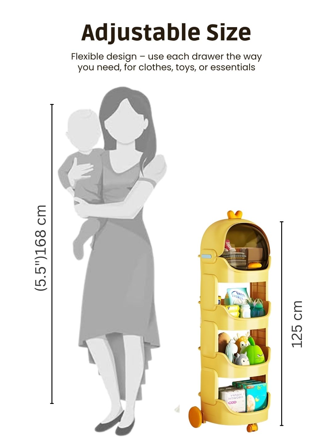 Yellow storage tower with adjustable shelves next to a silhouette of a woman holding a baby, with text indicating adjustable size and flexible use.