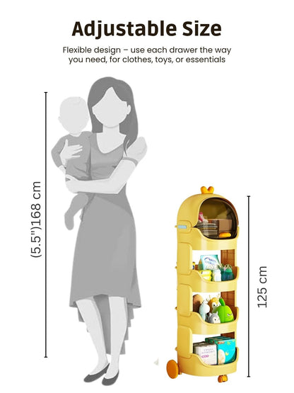 Yellow storage tower with adjustable shelves next to a silhouette of a woman holding a baby, with text indicating adjustable size and flexible use.