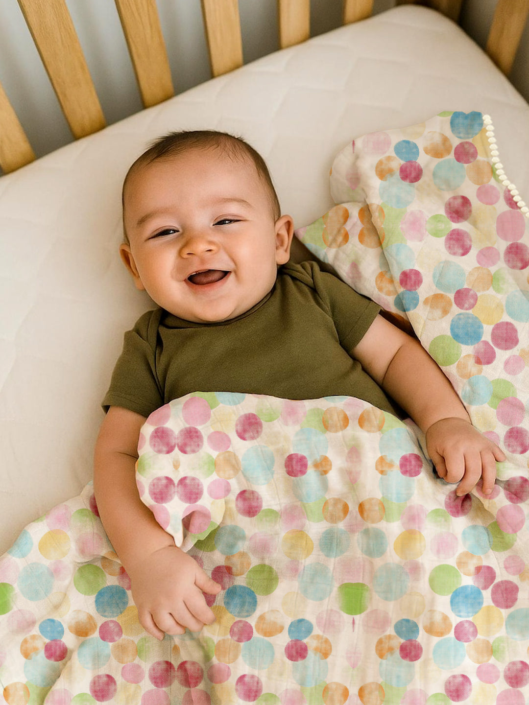 Polka Tots 100% Soft Muslin Cotton 3-Layer Reversible Baby Blanket/Dohar with Pom-Pom Lace - Rainbow Mist & Polka Dots Print