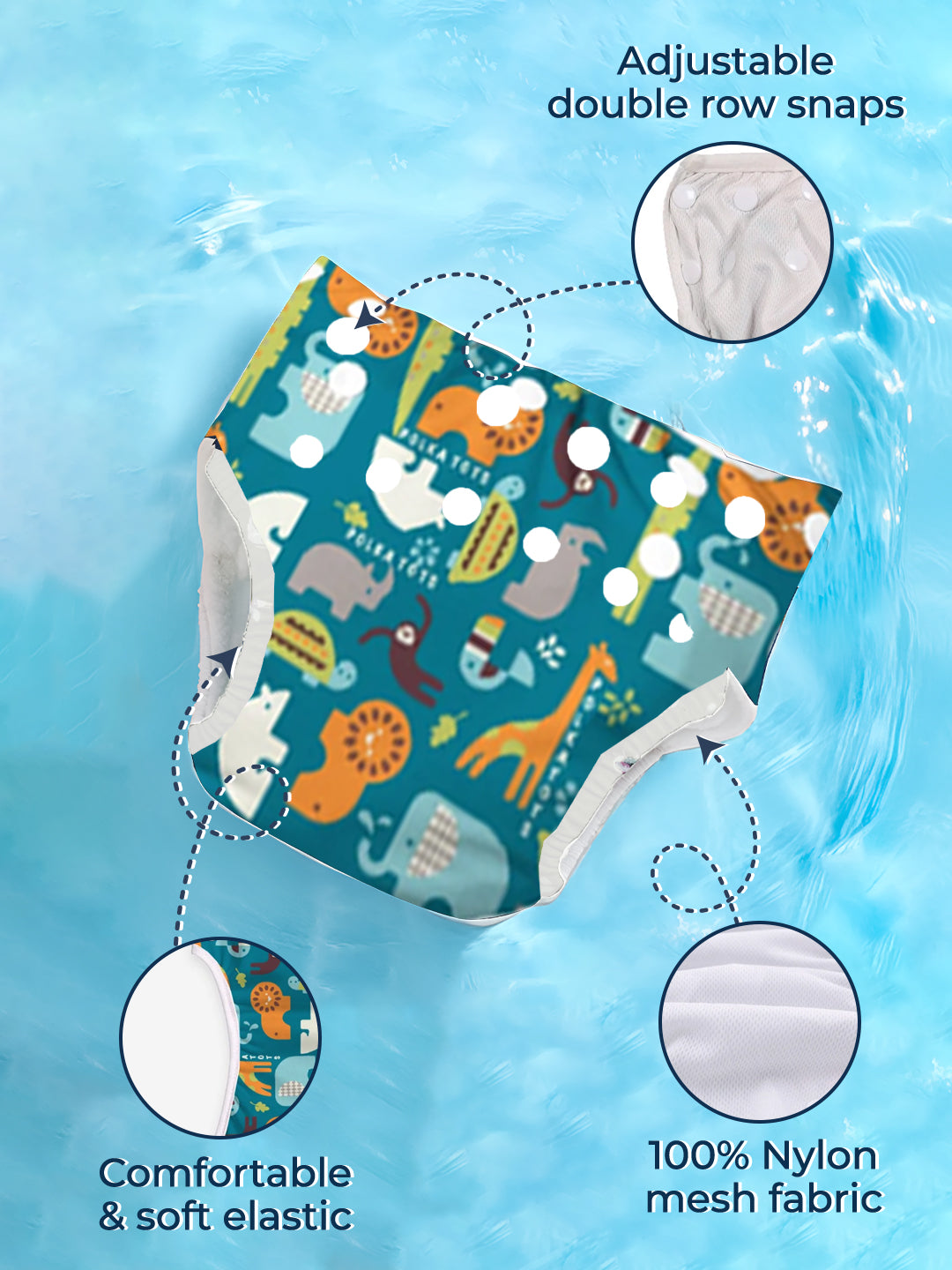 Children's diaper with animal pattern on a blue water background, highlighting adjustable snaps and mesh fabric.