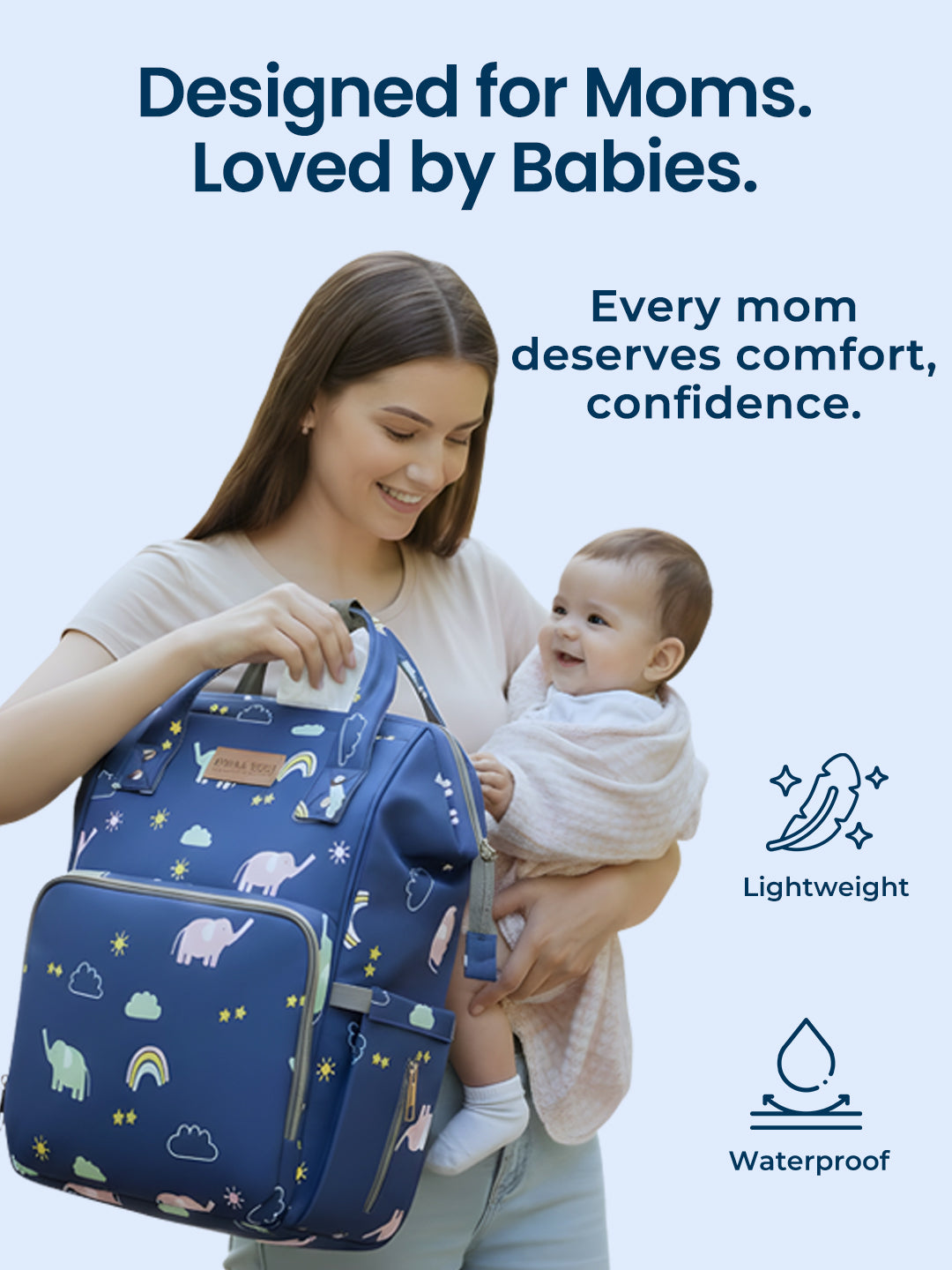 Woman holding a baby and a blue patterned backpack with text about the product's features.